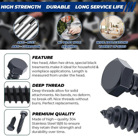Heavy Duty 1/2 X 1-1/2 Inch Black Hex Head Lag Screws Bolts 8 Pc Pack For Decks And Wood Projects, 304 Stainless Steel 18/8 With Black Oxide Finish