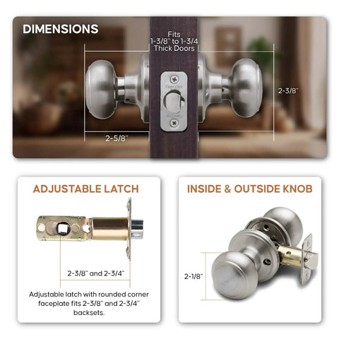 Colonial Passage Interior Door Knob Satin Stainless 1 Pack Heavy Duty Door Knob With Easy Install And Reversible Design dimensions and latch