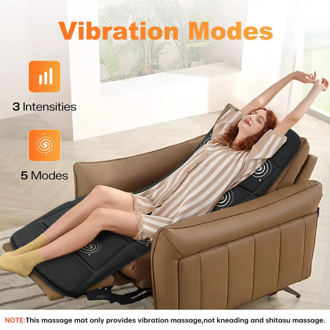 Woman relaxing on chair with Full Body Massage Mat With Heat And Vibration 10 Motor Back Massage Pad, enjoying muscle relief.