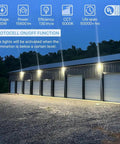Go-To 120W LED Wall Pack Light With Dusk To Dawn Photocell Glass Lens illuminating a warehouse exterior at night