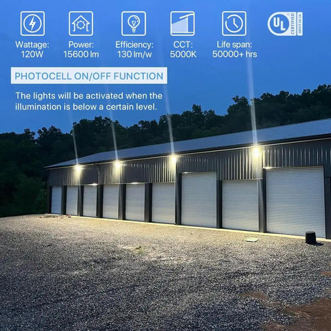 Go-To 120W LED Wall Pack Light With Dusk To Dawn Photocell Glass Lens illuminating a warehouse exterior at night
