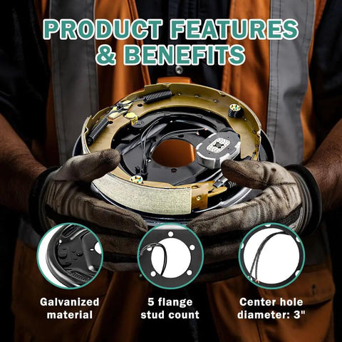 Heavy Duty 12 Inch X 2 Inch Electric Hydraulic Trailer Brake Kit For 7000 Lb Axles showing galvanized material and 5 flange stud.