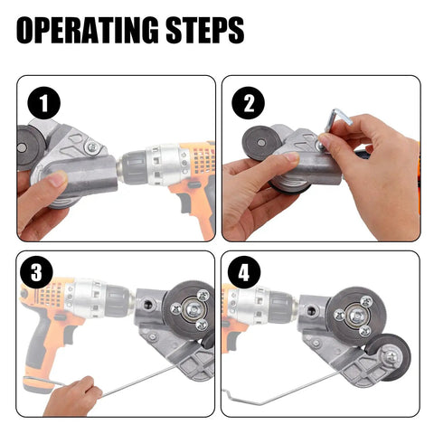 Operating steps for Professional Titanium Steel Drill Nibbler Sheet Metal Cutter Attachment with drill use.