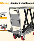 Heavy Duty Hydraulic Lift Table Cart With 1100 Lb Capacity Single Scissor Lifts Up To 34.7 Inches Gray Finish showcasing lift features