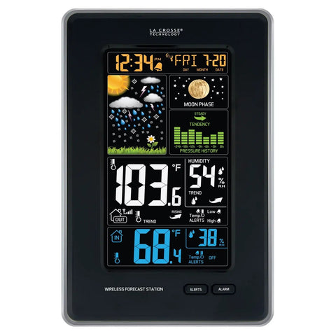Vertical Wireless Color Weather Station All In One With Pressure And Atomic Timekeeping Indoor And Outdoor Temperature And Humidity 24 Hour Barometric History Color Forecast Icons Corded Power Sleek Black with color LCD display and forecast icons.