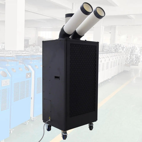 Heavy Duty Mobile Spot Cooler Packing 15400 Btu Capacity with dual exhausts supports 780 m3 airflow, ideal for outdoor use.