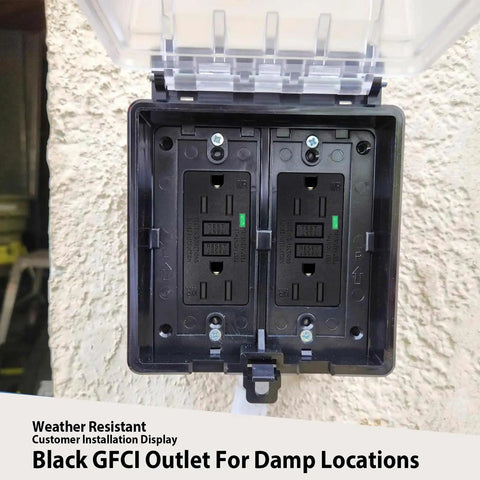 Black GFCI Outlet 15 Amp 2 Pack with LED Indicator Weather Resistant installed outdoors with protective cover
