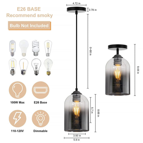 Black Glass Cylinder Pendant Lights Set Of 2 - Modern Farmhouse Style Double Glass Gradient Shades With E26 Base and Dimensions