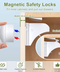 Diagram of Magnetic Cabinet Locks For Baby Proofing, 12 Pack With 3 Keys, No Drilling Adhesive Install on cabinet, switch on and off.