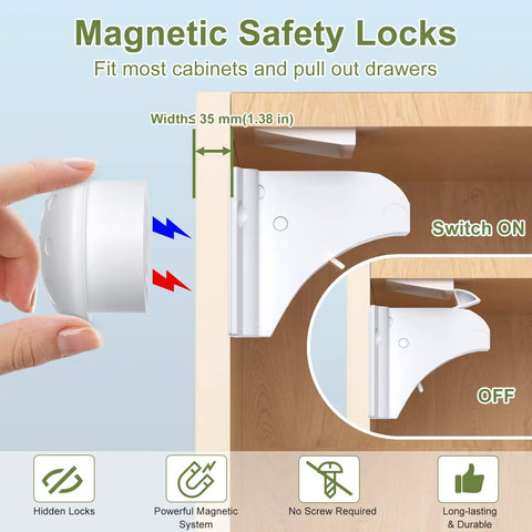 Diagram of Magnetic Cabinet Locks For Baby Proofing, 12 Pack With 3 Keys, No Drilling Adhesive Install on cabinet, switch on and off.