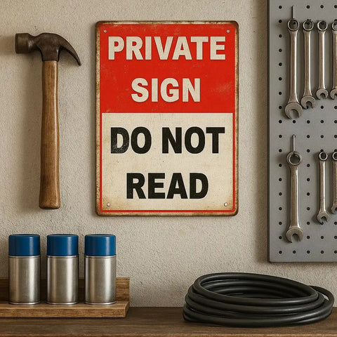 Funny Private Sign Do Not Read Tin Metal Wall Decor Vintage Rustic Distressed Hella Cool Art Piece for Man Cave Bedroom Bar Dorm Office Gift 12 by 8 Inch mounted beside tools.