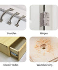 Image showing handles, hinges, drawer slides, and woodworking hole, related to Self Centering Hinge Tapper Core Drill Bit Set For Woodworking And Doors Adjustable Door And Window Bits With Hex Key And Eight Replacement Bits 16 Pieces From Five Sixty Fourths To One Quarter Inch.