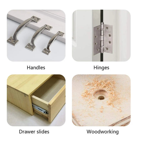 Image showing handles, hinges, drawer slides, and woodworking hole, related to Self Centering Hinge Tapper Core Drill Bit Set For Woodworking And Doors Adjustable Door And Window Bits With Hex Key And Eight Replacement Bits 16 Pieces From Five Sixty Fourths To One Quarter Inch.