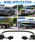 24 Inch 18AWG 4 Pin Trailer Wire Extension And 4 Way Flat Wiring Harness With Dust Cover shown with pickup truck, SUV, utility, and boat trailers.