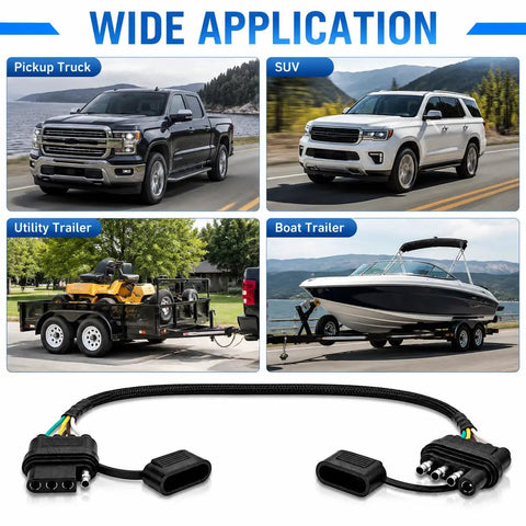 24 Inch 18AWG 4 Pin Trailer Wire Extension And 4 Way Flat Wiring Harness With Dust Cover shown with pickup truck, SUV, utility, and boat trailers.