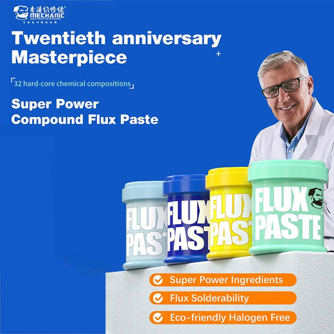 Colorful containers of Super Power Compound Flux Paste with a smiling man, promoting lead-free solder paste flux for SMD PCB BGA rework.
