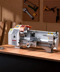 VEVOR Precision Benchtop Metal Lathe 8.7 X 18 In, Automatic Feed, 0-2500 RPM Variable Speed on a workshop table.