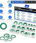 85 Piece Air Conditioning Compressor Bonded Seal Washers Set With 6 Sizes For AC System DIY Friendly Gasket Repairs Universal Automotive Self Centered Washers ID 8mm To 17.5mm Green displayed in open plastic case