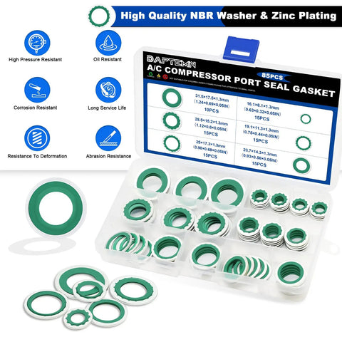 85 Piece Air Conditioning Compressor Bonded Seal Washers Set With 6 Sizes For AC System DIY Friendly Gasket Repairs Universal Automotive Self Centered Washers ID 8mm To 17.5mm Green displayed in open plastic case
