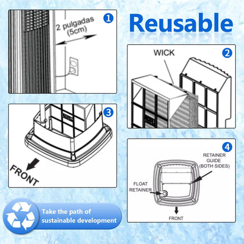 Diagram of 1043 Super Humidifier Wick Filter Replacement For Aircare Bemis Essick showing installation and reusable design