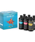 Cmyk White Gloss Uv Curable Ink Kit For Flatbed Printers Features A Slick Clog Resistant Blend That Flows Smooth And Delivers Straight Fire Prints Daily For Signage Or Maker Studios includes six 500ml bottles.