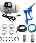 Heavy Duty Pro Rig Ready Def Transfer Pump Kit With Nozzle 10 GPM Self Priming 110 Volt Diaphragm Pump components including motor, nozzle, and hoses.