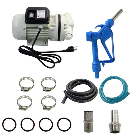 Heavy Duty Pro Rig Ready Def Transfer Pump Kit With Nozzle 10 GPM Self Priming 110 Volt Diaphragm Pump components including motor, nozzle, and hoses.