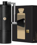 C5 Pro Manual Coffee Grinder With S2C 042 III Stainless Steel Conical Burrs And 0.031mm Per Click Precision All Metal Portable Hand Coffee Mill in black next to packaging box.
