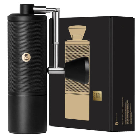 C5 Pro Manual Coffee Grinder With S2C 042 III Stainless Steel Conical Burrs And 0.031mm Per Click Precision All Metal Portable Hand Coffee Mill in black next to packaging box.