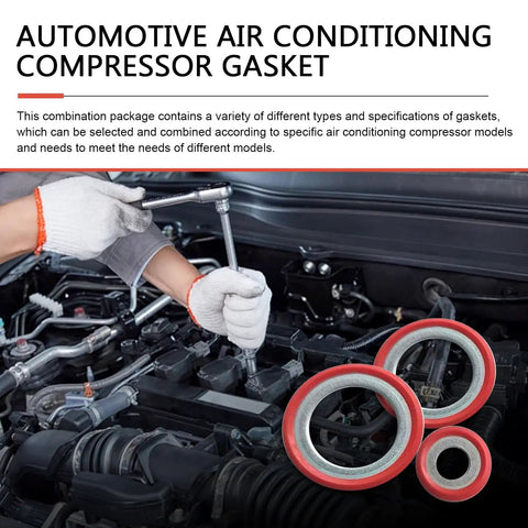 30 Piece Car AC Gasket And Compressor Repair Washer Assortment Kit With Rust Proof Sealing O Ring Set For Universal Air Conditioning System Maintenance in an auto repair setting.