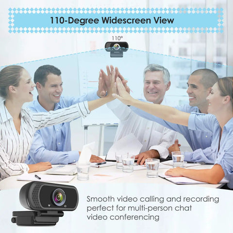 1080P HD Webcam With Built In Microphone And Sturdy Tripod, Full Glass Lens Delivers Sharp Video For Zoom Calls, showing multi-person video conferencing.