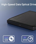 External CD And DVD Drive For Laptop With USB Connection And Extended 31.5 Inch Data Cable For Flexible Placement On Desk Or Shelf Plug And Play Portable Optical Drive For Easy Data Transfer black slim USB-C drive with 24X CD and 8X DVD labels
