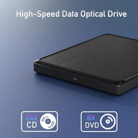 External CD And DVD Drive For Laptop With USB Connection And Extended 31.5 Inch Data Cable For Flexible Placement On Desk Or Shelf Plug And Play Portable Optical Drive For Easy Data Transfer black slim USB-C drive with 24X CD and 8X DVD labels