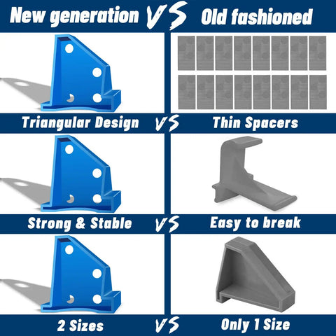 Comparison of new triangular blue spacers and old thin spacers for 20 Pack Flooring Spacers for Laminate and Wood Installations.
