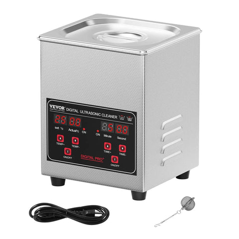 40 KHz Digital Sonic Cleaner One Point Three Liter 60 Watt Ultrasonic Cleaning Machine With Timer And Heater displayed with cables