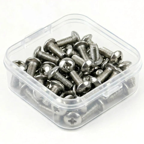 Top Shelf 304 Stainless Steel M4 X 30 Mm Phillips Flat Head Machine Screws 50 Piece Heavy Duty Kit in clear box.