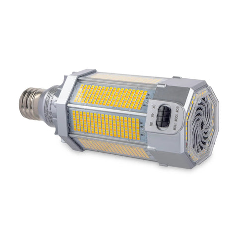 Built Different Heavy Duty LED Post Top Light, Wattage Selectable 80W 100W 110W, Smooth Dimmable EX39 Mogul Base, side angle view with LED chips.
