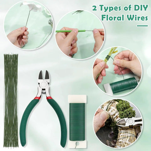 Must Have Floral Arrangement Tool Kit With Green Floral Tape And Wire, Corsage Pins, Satin White Ribbon, and Wire Cutter for DIY