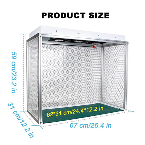 Top Shelf Aluminum Clean Bench Workstation With Dead Simple Triple Fan Ventilation And Electrostatic Curtain For Labs And Cleanrooms Built Tough With Heavy Duty Silicone Pad Quick Snap Assembly Gonna Love This Rig dimensions display.