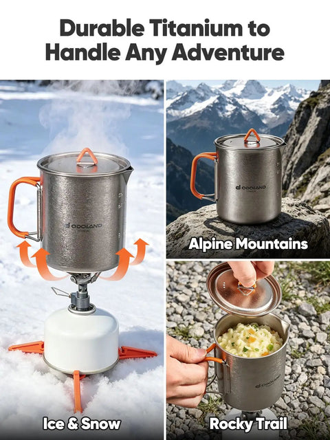 Ultralight Titanium Camping Cookware Set With 420ml And 750ml Pots Lid And Spork in ice, mountains, and rocky settings.