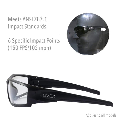 Hypershock Safety Glasses With Clear Frame And Blue Mirror Lens, side view, ANSI Z87.1 impact compliant model S2975.