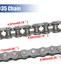 Close-up of #35 chain dimensions for 65 Tooth Sprocket And 35 Chain With 140 Links Replacement Kit For Coleman Baja Mini Bikes And Motovox Predator 97cc 100cc Mini Bikes Built For Off Road Fun Includes CT100U CC100X DB30 MBX10 Doodle Bug Blitz Dirt Bug Racer