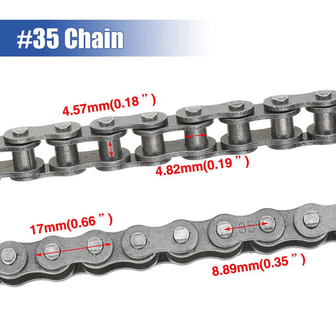Close-up of #35 chain dimensions for 65 Tooth Sprocket And 35 Chain With 140 Links Replacement Kit For Coleman Baja Mini Bikes And Motovox Predator 97cc 100cc Mini Bikes Built For Off Road Fun Includes CT100U CC100X DB30 MBX10 Doodle Bug Blitz Dirt Bug Racer