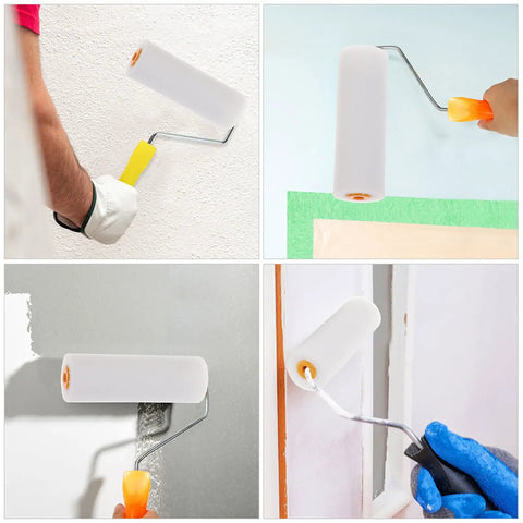 Ten Pack Of White Sponge Paint Roller Covers For Walls And Ceilings No Drama Mini Size in use on various wall surfaces.