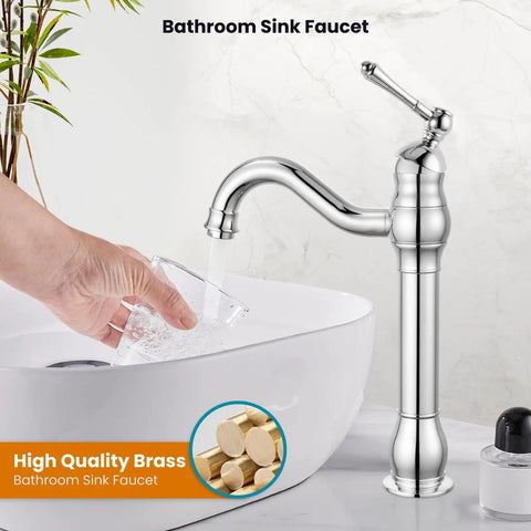 Vessel Sink Faucet With 360 Degree Swivel Spout Tall Single Handle Lavatory Mixer Tap For One Hole Install No Fuss Farmhouse Chrome Finish