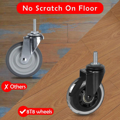 Badass 3 Inch Rubber Caster Wheels Set Of 4 With 3/8 Threaded Stem Heavy Duty Swivel Casters visible on wooden floor.