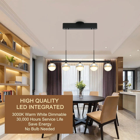 32 Inch Wide Modern LED Kitchen Island Pendant Light Five Light Kit Adjustable Height Dimmable 3000K Warm White Black And Gold Finish Chandeliers For Kitchen Island And Dining Room