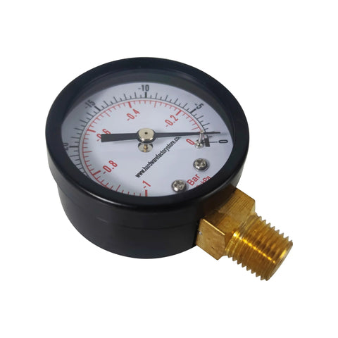 Vacuum pressure gauge, front view, black steel housing with brass 1/4 in NPT lower mount, dual psi/bar scale.