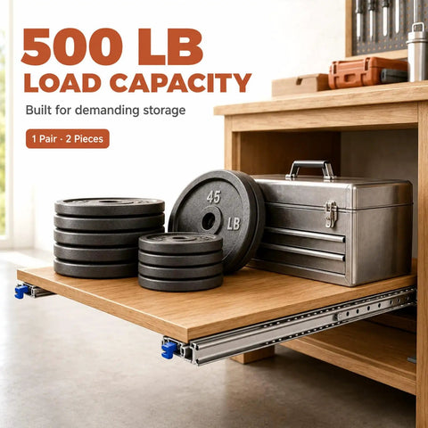 80 Inch Heavy Duty Locking Drawer Slides For Mobile Storage, 500 Lbs Per Pair, Yellow Lock Levers, Built Tough For Truck Bed Drawers, RV Compartments, Trailer Storage And Pull Out Cargo Trays. 500 lb load capacity with metal drawer tray