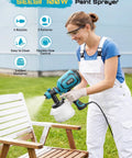 Woman using 700W HVLP Paint Gun With Four Swappable Nozzles And Three Spray Patterns on a wooden chair outdoors.